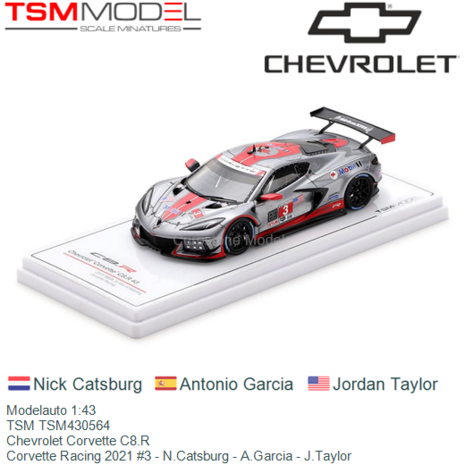 Modelauto 1:43 | TSM TSM430564 | Chevrolet Corvette C8.R | Corvette Racing 2021 #3 - N.Catsburg - A.Garcia - J.Taylor
