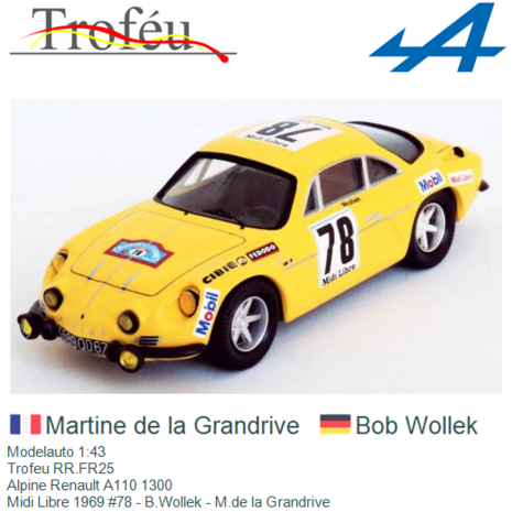 Modelauto 1:43 | Trofeu RR.FR25 | Alpine Renault A110 1300 | Midi Libre 1969 #78 - B.Wollek - M.de la Grandrive
