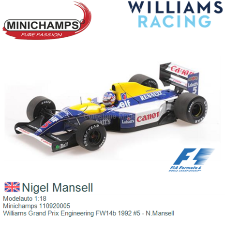 Modelauto 1:18 | Minichamps 110920005 | Williams Grand Prix Engineering FW14b 1992 #5 - N.Mansell