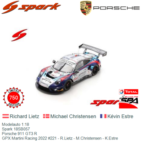 Modelauto 1:18 | Spark 18SB057 | Porsche 911 GT3 R | GPX Martini Racing 2022 #221 - R.Lietz - M.Christensen - K.Estre