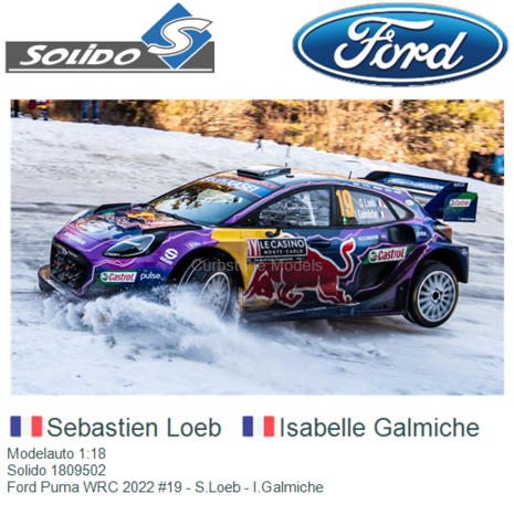 Modelauto 1:18 | Solido 1809502 | Ford Puma WRC 2022 #19 - S.Loeb - I.Galmiche