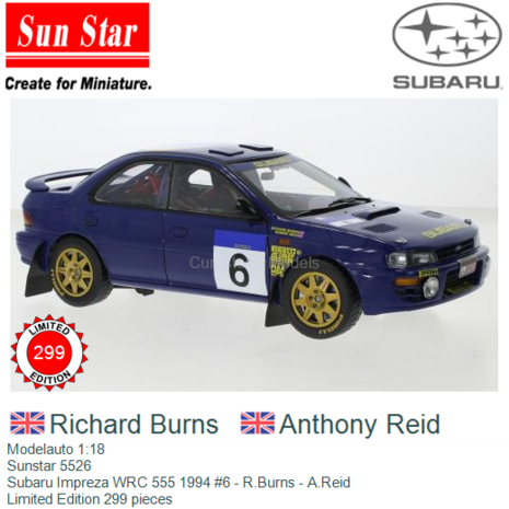 Modelauto 1:18 | Sunstar 5526 | Subaru Impreza WRC 555 1994 #6 - R.Burns - A.Reid