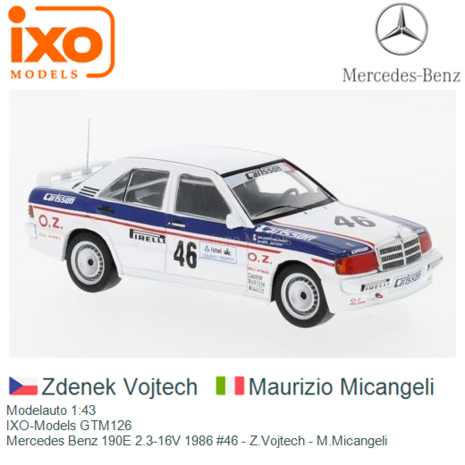Modelauto 1:43 | IXO-Models GTM126 | Mercedes Benz 190E 2.3-16V 1986 #46 - Z.Vojtech - M.Micangeli
