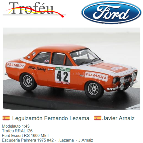 Modelauto 1:43 | Trofeu RRAL126 | Ford Escort RS 1600 Mk.I | Escudería Palmera 1975 #42 -  .Lezama  - J.Arnaiz