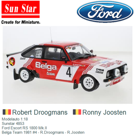 Modelauto 1:18 | Sunstar 4853 | Ford Escort RS 1800 Mk.II | Belga Team 1981 #4 - R.Droogmans - R.Joosten