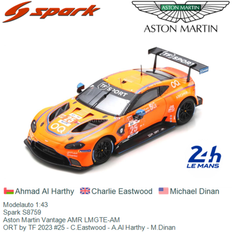 Modelauto 1:43 | Spark S8759 | Aston Martin Vantage AMR LMGTE-AM | ORT by TF 2023 #25 - C.Eastwood - A.Al Harthy - M.Dinan
