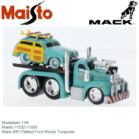 Modelauto 1:64 | Maisto 11532-11550 | Mack B61 Flatbed Ford Woody Turquoise