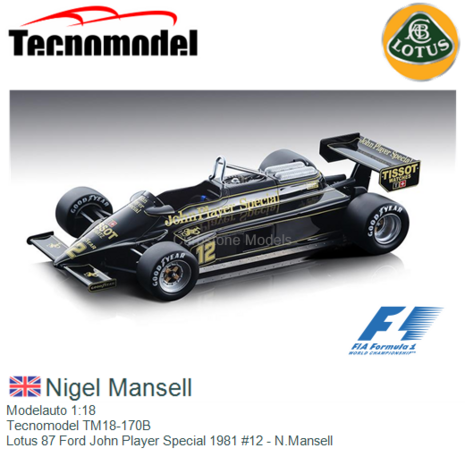 Modelauto 1:18 | Tecnomodel TM18-170B | Lotus 87 Ford John Player Special 1981 #12 - N.Mansell