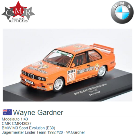 Modelauto 1:43 | CMR CMR43037 | BMW M3 Sport Evolution (E30) | Jagermeister Linder Team 1992 #20 - W.Gardner
