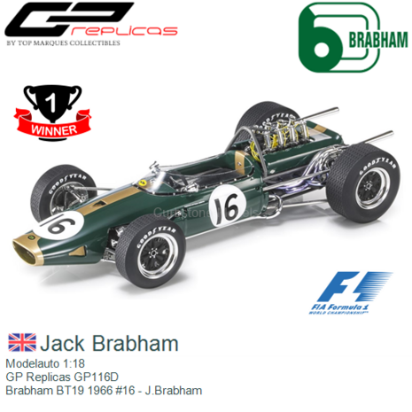 Modelauto 1:18 | GP Replicas GP116D | Brabham BT19 1966 #16 - J.Brabham