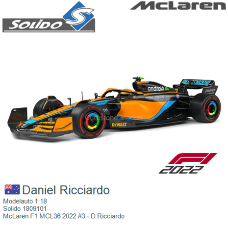 Modelauto 1:18 | Solido 1809101 | McLaren F1 MCL36 2022 #3 - D.Ricciardo