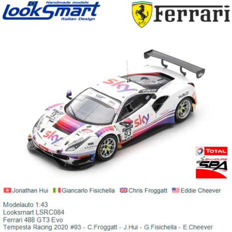 Modelauto 1:43 | Looksmart LSRC084 | Ferrari 488 GT3 Evo | Tempesta Racing 2020 #93 - C.Froggatt - J.Hui - G.Fisichella - E.Che