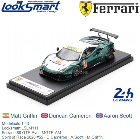 Modelauto 1:43 | Looksmart LSLM111 | Ferrari 488 GTE Evo LMGTE-AM | Spirit of Race 2020 #55 - D.Cameron - A.Scott - M.Griffin