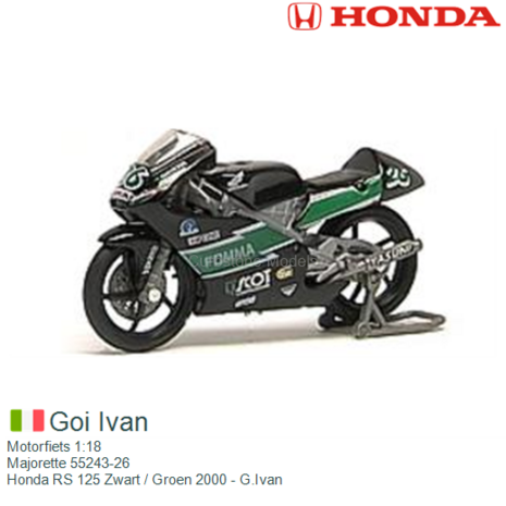 Motorfiets 1:18 | Majorette 55243-26 | Honda RS 125 Zwart / Groen 2000 - G.Ivan