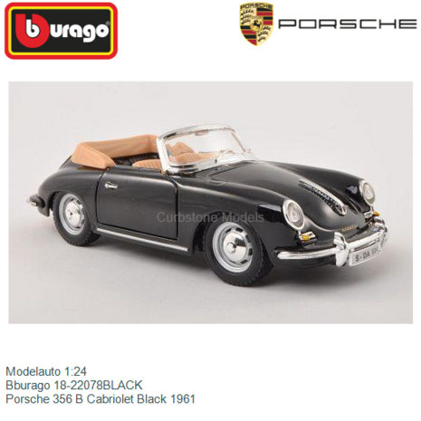 Modelauto 1:24 | Bburago 18-22078BLACK | Porsche 356 B Cabriolet Black 1961