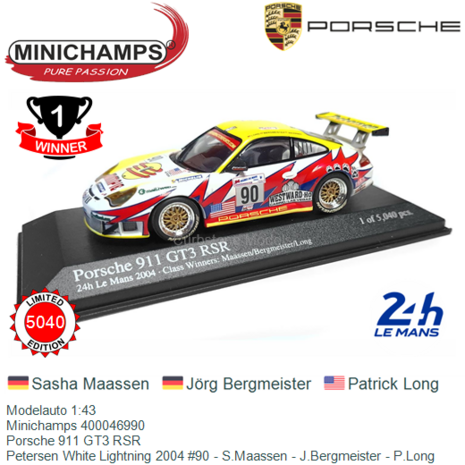Modelauto 1:43 | Minichamps 400046990 | Porsche 911 GT3 RSR | Petersen White Lightning 2004 #90 - S.Maassen - J.Bergmeister - P