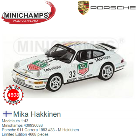 Modelauto 1:43 | Minichamps 430936033 | Porsche 911 Carrera 1993 #33 - M.Hakkinen