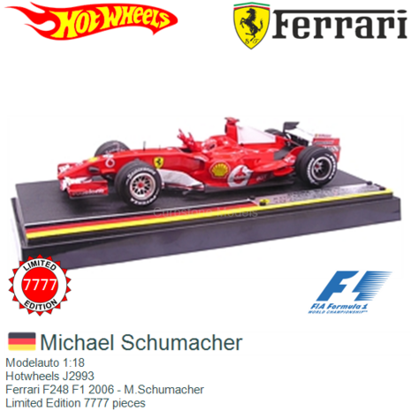 Modelauto 1:18 | Hotwheels J2993 | Ferrari F248 F1 2006 - M.Schumacher