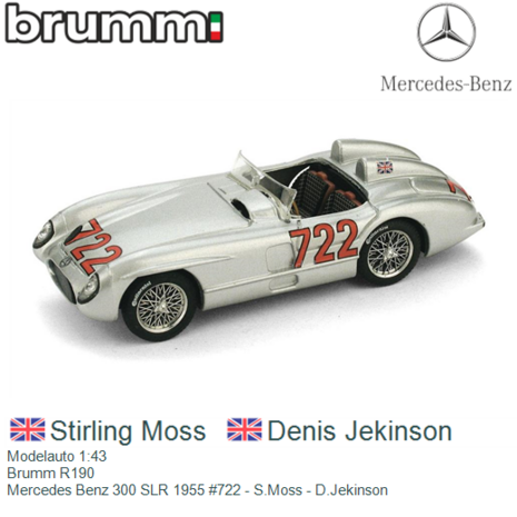 Modelauto 1:43 | Brumm R190 | Mercedes Benz 300 SLR 1955 #722 - S.Moss - D.Jekinson