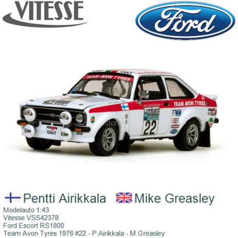 Modelauto 1:43 | Vitesse VSS42378 | Ford Escort RS1800 | Team Avon Tyres 1976 #22 - P.Airikkala - M.Greasley