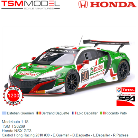 Modelauto 1:18 | TSM TS0269 | Honda NSX GT3 | Castrol Hong Racing 2018 #30 - E.Guerrieri - B.Baguette - L.Depailler - R.Patrese
