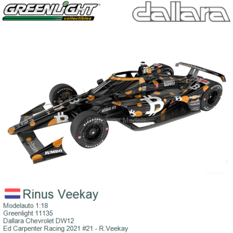 Modelauto 1:18 | Greenlight 11135 | Dallara Chevrolet DW12 | Ed Carpenter Racing 2021 #21 - R.Veekay