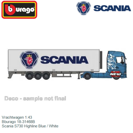 Vrachtwagen 1:43 | Bburago 18-31468B | Scania S730 Highline Blue / White