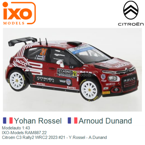 Modelauto 1:43 | IXO-Models RAM887.22 | Citroën C3 Rally2 WRC2 2023 #21 - Y.Rossel - A.Dunand 