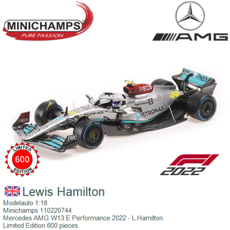 Modelauto 1:18 | Minichamps 110220744 | Mercedes AMG W13 E Performance 2022 - L.Hamilton
