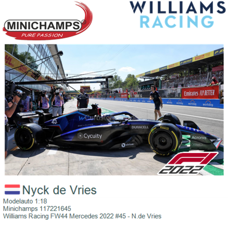 Modelauto 1:18 | Minichamps 117221645 | Williams Racing FW44 Mercedes 2022 #45 - N.de Vries