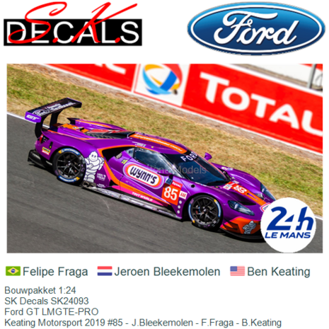 Bouwpakket 1:24 | SK Decals SK24093 | Ford GT LMGTE-PRO | Keating Motorsport 2019 #85 - J.Bleekemolen - F.Fraga - B.Keating