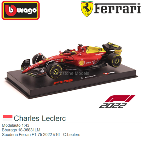 Modelauto 1:43 | Bburago 18-36831LM | Scuderia Ferrari F1-75 2022 #16 - C.Leclerc