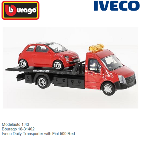 Modelauto 1:43 | Bburago 18-31402 | Iveco Daily Transporter with Fiat 500 Red