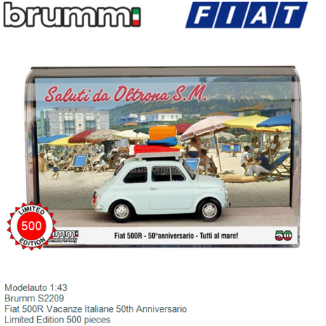 Modelauto 1:43 | Brumm S2209 | Fiat 500R Vacanze Italiane 50th Anniversario