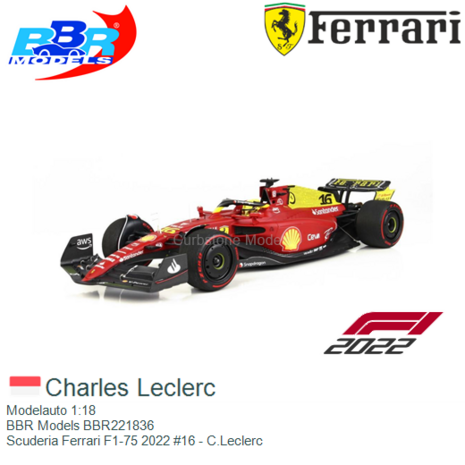 Modelauto 1:18 | BBR Models BBR221836 | Scuderia Ferrari F1-75 2022 #16 - C.Leclerc