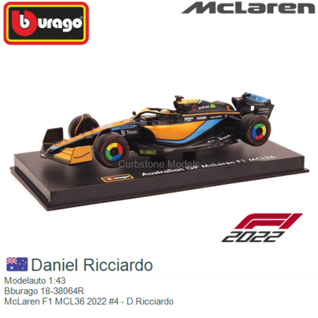Modelauto 1:43 | Bburago 18-38064R | McLaren F1 MCL36 2022 #4 - D.Ricciardo