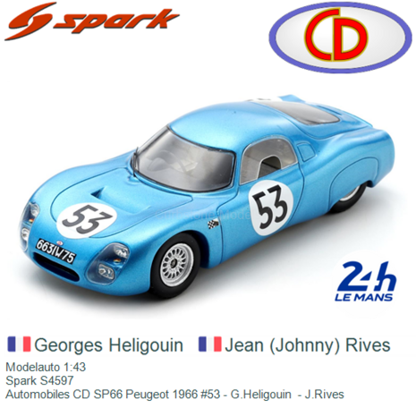 Modelauto 1:43 | Spark S4597 | Automobiles CD SP66 Peugeot 1966 #53 - G.Heligouin  - J.Rives