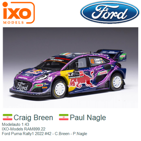 Modelauto 1:43 | IXO-Models RAM899.22 | Ford Puma Rally1 2022 #42 - C.Breen - P.Nagle