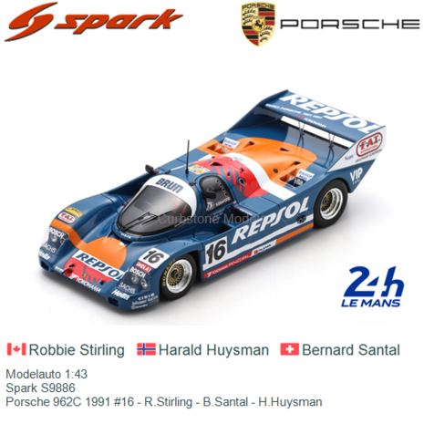Modelauto 1:43 | Spark S9886 | Porsche 962C 1991 #16 - R.Stirling - B.Santal - H.Huysman