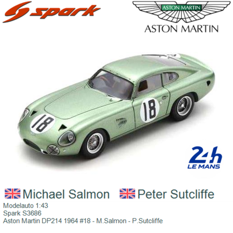 Modelauto 1:43 | Spark S3686 | Aston Martin DP214 1964 #18 - M.Salmon - P.Sutcliffe