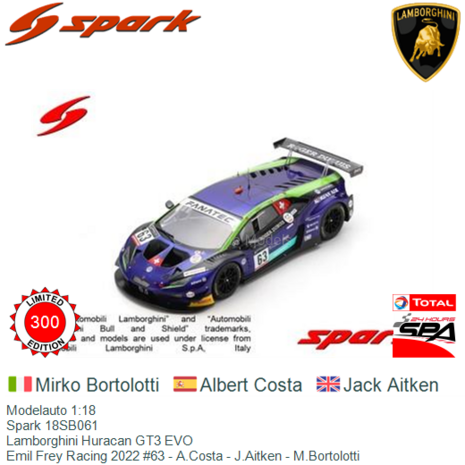 Modelauto 1:18 | Spark 18SB061 | Lamborghini Huracan GT3 EVO | Emil Frey Racing 2022 #63 - A.Costa - J.Aitken - M.Bortolotti