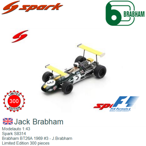 Modelauto 1:43 | Spark S8314 | Brabham BT26A 1969 #3 - J.Brabham