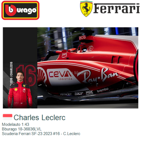 Modelauto 1:43 | Bburago 18-36836LVL | Scuderia Ferrari SF-23 2023 #16 - C.Leclerc