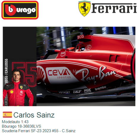 Modelauto 1:43 | Bburago 18-36836LVS | Scuderia Ferrari SF-23 2023 #55 - C.Sainz
