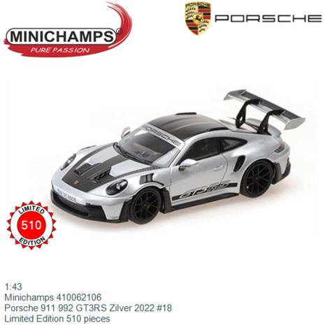 1:43 | Minichamps 410062106 | Porsche 911 992 GT3RS Zilver 2022 #18
