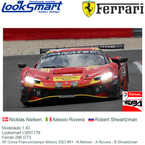 Modelauto 1:43 | Looksmart LSRC179 | Ferrari 296 GT3 | AF-Corse Francorchamps Motors 2023 #51 - N.Nielsen - A.Rovera - R.Shwart