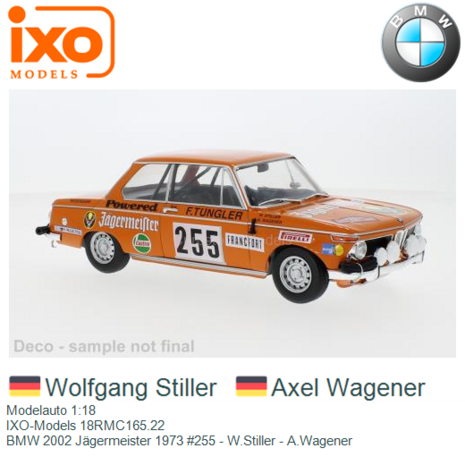 Modelauto 1:18 | IXO-Models 18RMC165.22 | BMW 2002 Jägermeister 1973 #255 - W.Stiller - A.Wagener