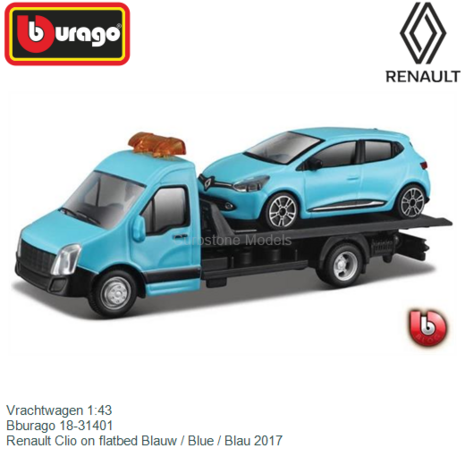 Vrachtwagen 1:43 | Bburago 18-31401 | Renault Clio on flatbed Blauw / Blue / Blau 2017