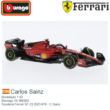 Modelauto 1:43 | Bburago 18-36836S | Scuderia Ferrari SF-23 2023 #16 - C.Sainz
