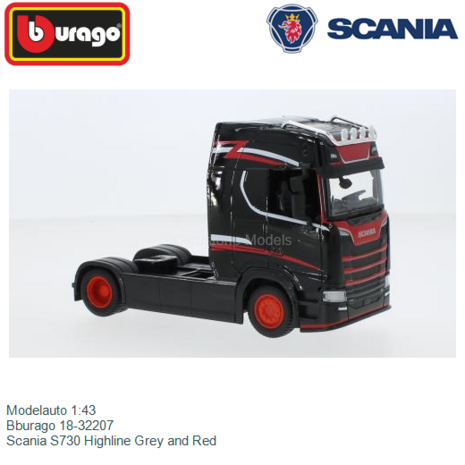 Modelauto 1:43 | Bburago 18-32207 | Scania S730 Highline Grey and Red